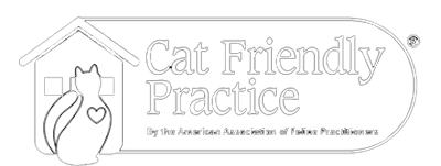 Logo with a house outline and a cat silhouette featuring a heart on its side. Text reads "Cat Friendly Practice by the American Association of Feline Practitioners," highlighting veterinarian-approved care.